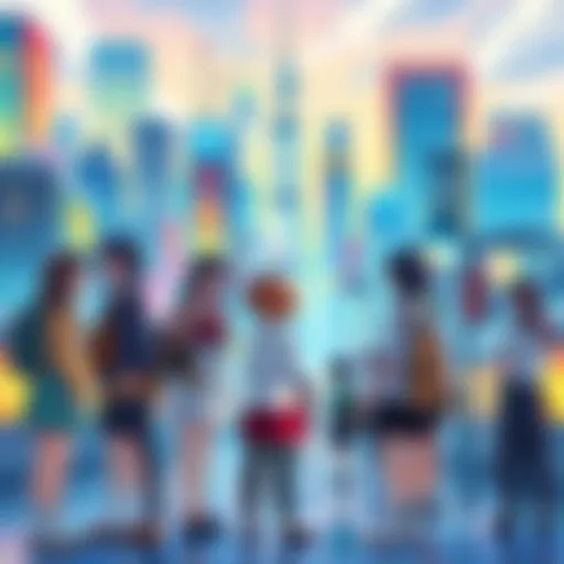 A colorful illustration showing anime characters standing in front of a vibrant city, reflecting cultural elements and emotions from real life.