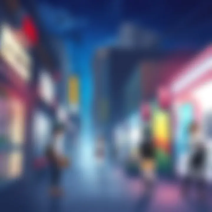 A scene showing anime characters engaging in everyday activities in a city setting, highlighting ordinary life