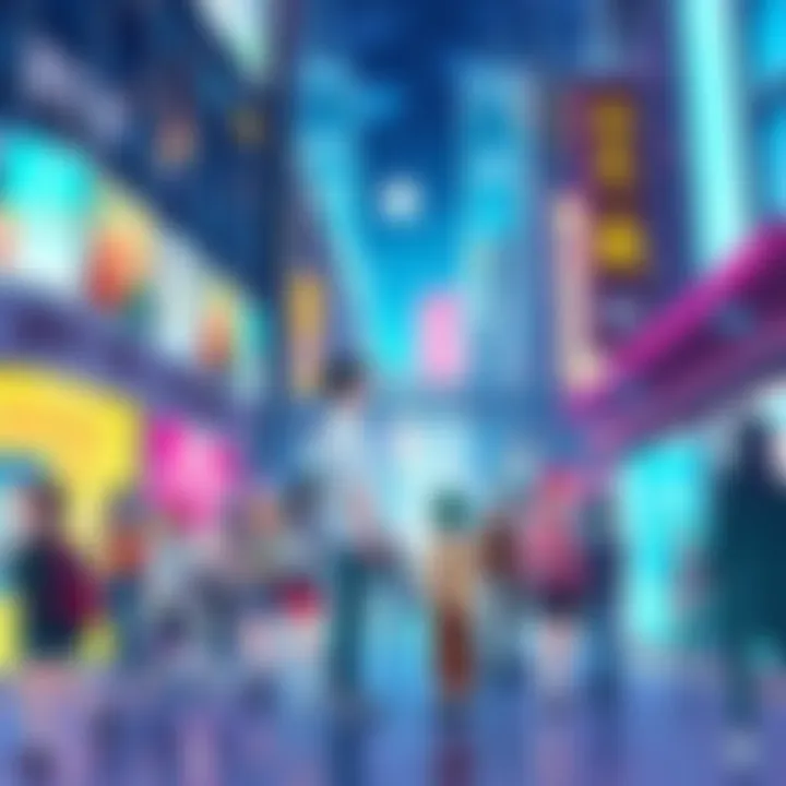 A colorful illustration showing anime characters interacting with people in a bustling urban setting, highlighting the blend of animation and reality.