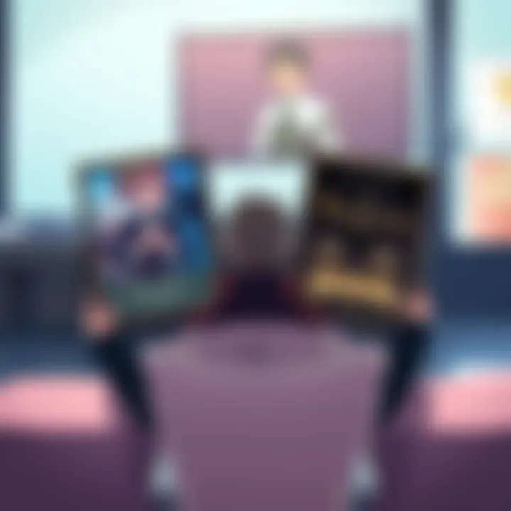 A person sitting with two anime posters, one of Violet Evergarden and one of Vinland Saga, looking thoughtful about which one to recommend.