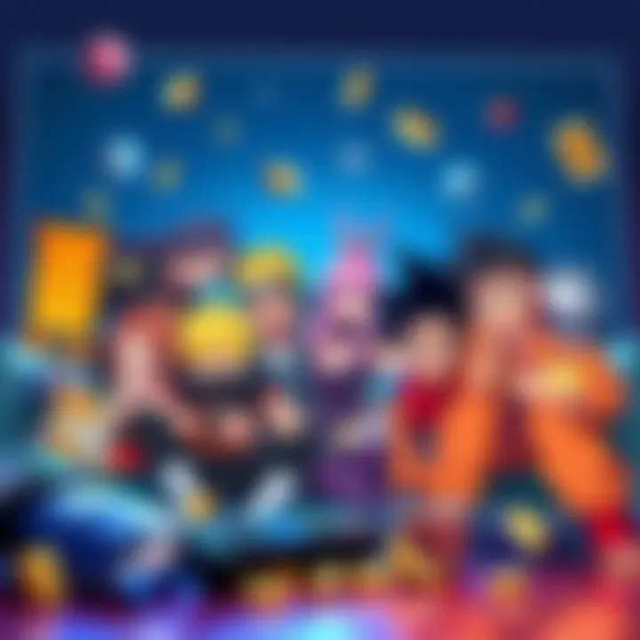 A colorful collage of popular anime characters from shows similar to Naruto and Dragon Ball, surrounded by snacks and a TV remote.