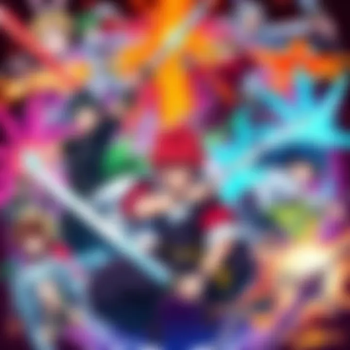 A collection of anime characters showcasing swordsmanship, martial arts, and magic, surrounded by vibrant colors and action scenes, representing popular anime series,