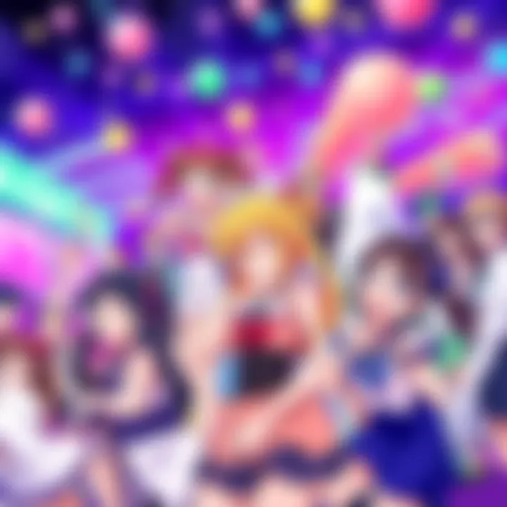 A vibrant scene showcasing popular anime characters celebrating in a colorful setting, symbolizing the comeback of the anime industry.