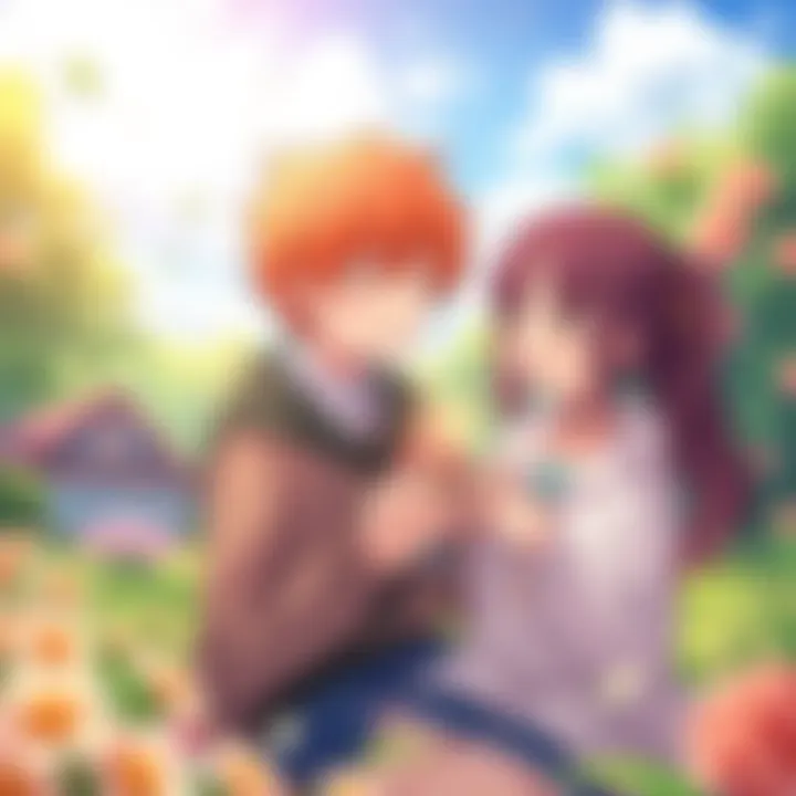 Anime characters sharing a romantic moment Two anime characters smiling and enjoying a picnic together, surrounded by flowers and a sunny sky, representing heartwarming romance stories.