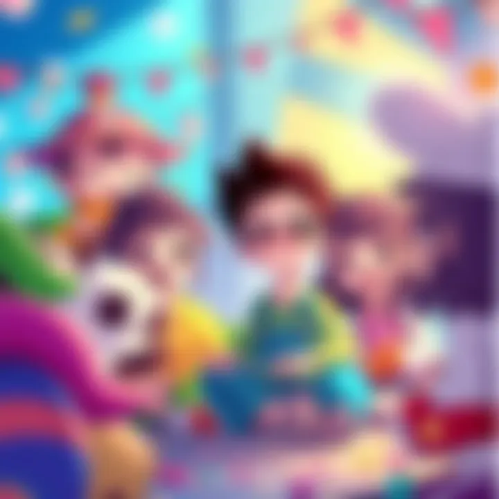 A vibrant animation scene showing cheerful characters surrounded by bright colors and fun elements, appealing to both toddlers and adults