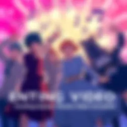 Characters from the anime celebrating together as the credits roll, with vibrant colors and upbeat music notes in the background