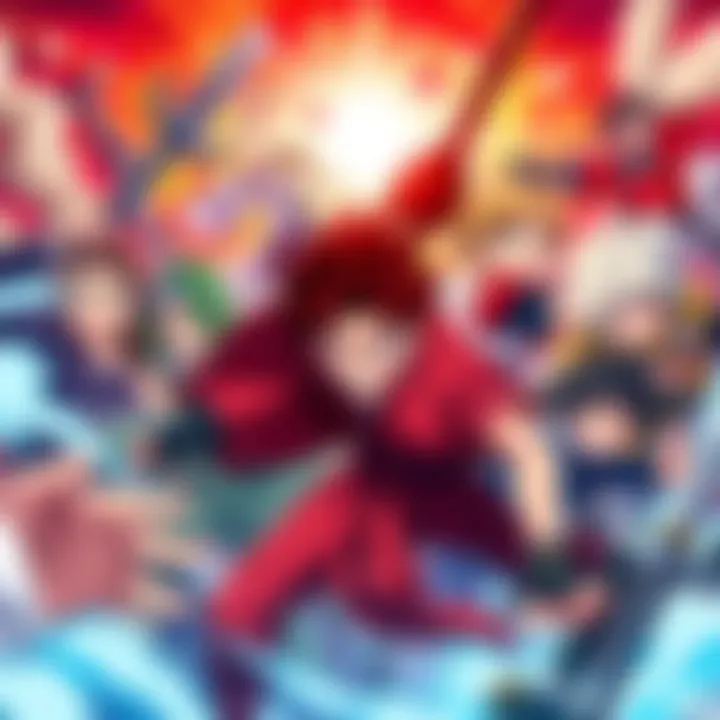 A collection of anime characters from popular series engaged in intense action scenes, showcasing diverse styles and emotions