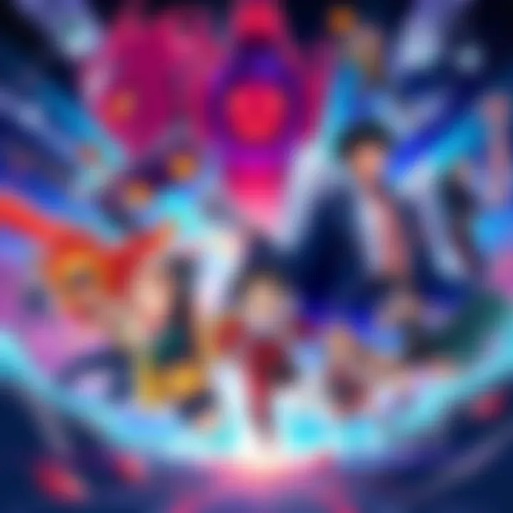A vibrant illustration featuring action-packed moments from various anime series, showcasing supernatural elements and diverse characters in dynamic poses