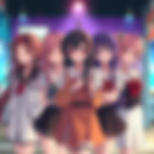 Anime Sisters Compete for Love Five anime sisters with distinct hairstyles and outfits, expressing rivalry as they compete for the same love interest in a colorful setting.