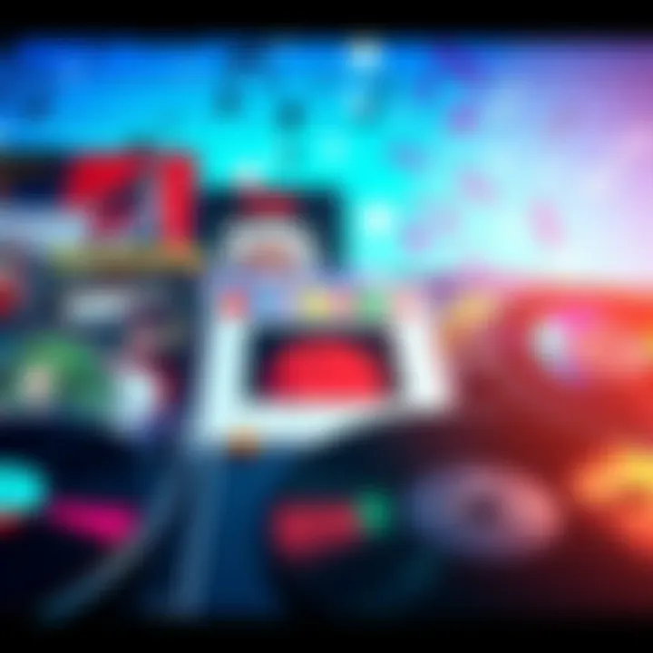 A colorful display of various anime CDs and vinyl records, showcasing popular soundtracks from different series, with musical notes in the background.