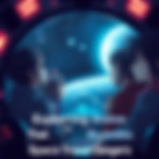 A group of young anime characters in a spaceship looking worried while gazing out at the vastness of space filled with stars and distant planets.