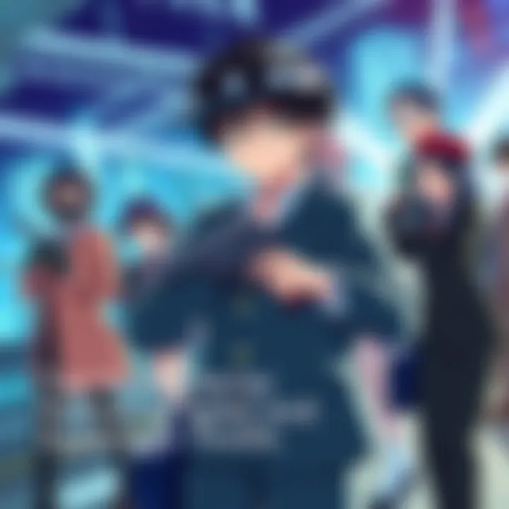 A group of anime characters dressed as spies in action poses with gadgets and city skyline in the background