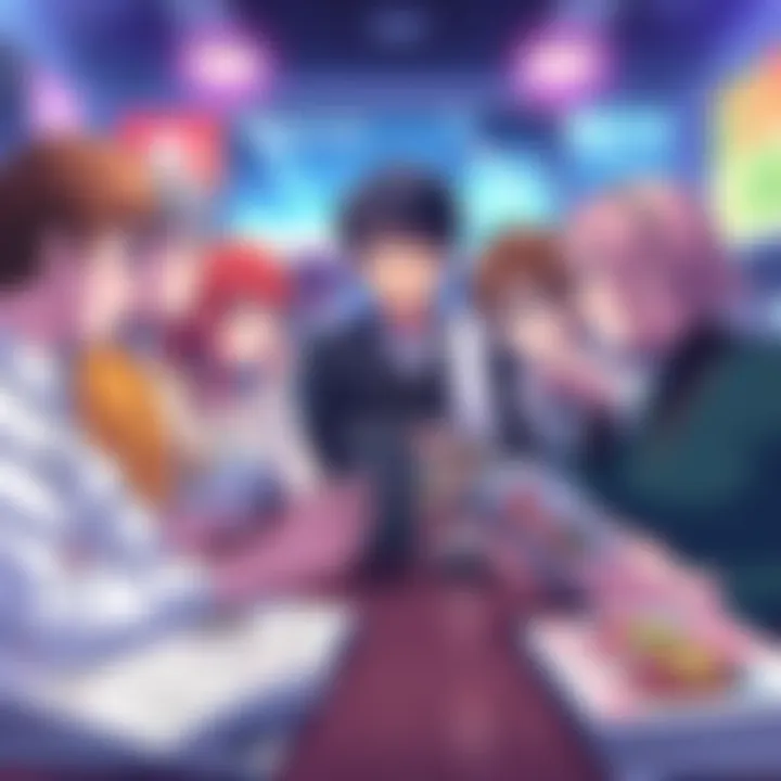 Anime Spoiler Policy Discussion A group of people discussing anime spoilers and manga chapters, with manga books and digital devices in front of them, showing contrasting views on the spoiler policy.