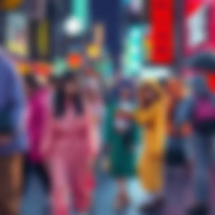 A group of people wearing colorful outfits inspired by anime characters in a lively urban setting