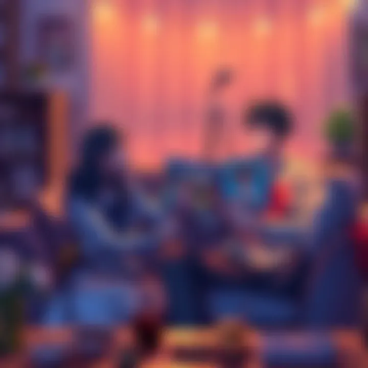 A woman shows a selection of anime covers to her boyfriend, who looks intrigued yet unsure, surrounded by a cozy living room setup with snacks and drinks.