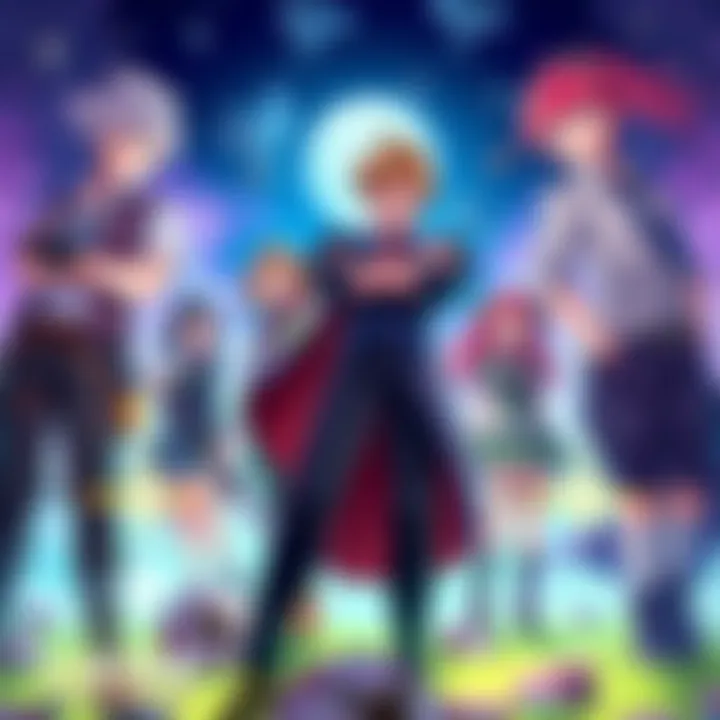 A group of anime characters in a fantasy setting, highlighting the absence of support characters in their adventurer party, with vibrant backgrounds and action poses.