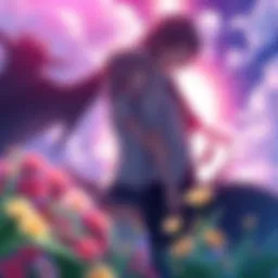 Anime characters in a contrasting scene Two anime characters are shown in a bright, cheerful setting with flowers, but dark shadows loom behind them, hinting at a hidden dark story