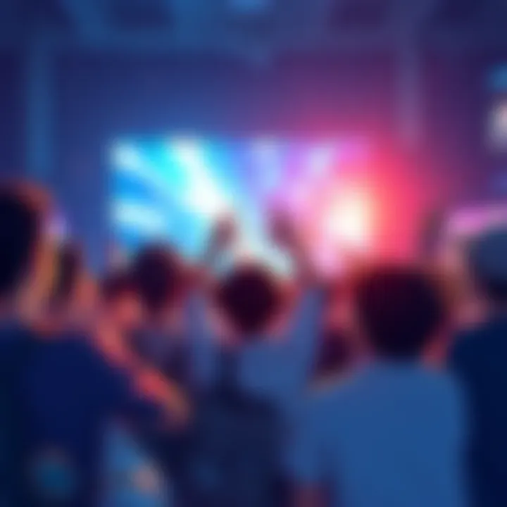 A group of fans reacting enthusiastically to a new anime teaser, showcasing bright visuals on a screen, capturing their excitement and anticipation.