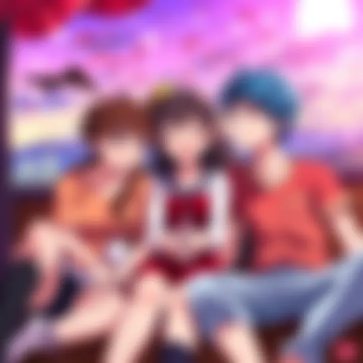 A colorful anime scene showing three characters sitting together, smiling and interacting in a loving way, representing a romantic throuple relationship.