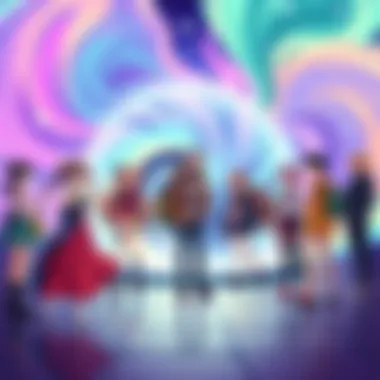Anime Characters Traveling Through Time A group of anime characters in vibrant outfits standing at a time portal with swirling colors, representing the concept of time travel in various anime series.