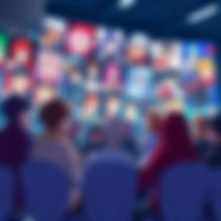 A group of people discussing anime trends, with posters of various anime characters in the background, showing a blend of excitement and debate.