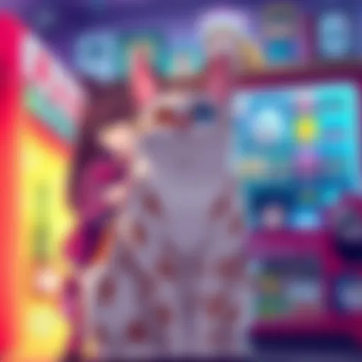A colorful collage of quirky anime characters, featuring a cat and a vending machine, representing unique storylines.