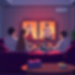 Viewers watching anime on a couch A group of friends sitting on a couch, engrossed in watching isekai anime on a large TV, surrounded by snacks and drinks
