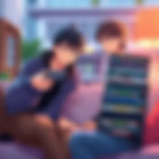 Two friends discussing anime viewing styles, one holding a remote for weekly episodes, the other with a stack of DVDs for binge-watching.