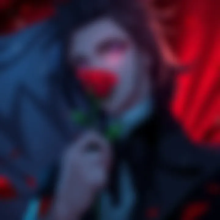 A villain from an anime series, gracefully holding a red rose to their nose, surrounded by dark, ominous colors.