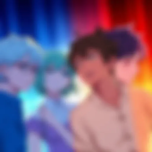Four anime voice actors showcasing their gender swap performances in a colorful setting