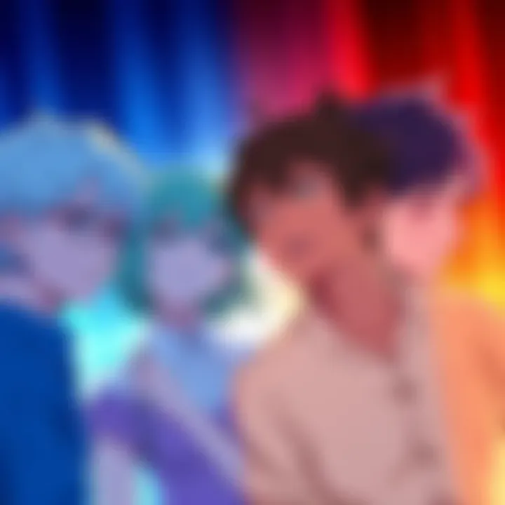Four anime voice actors showcasing their gender swap performances in a colorful setting
