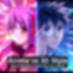 A split image showing vibrant anime characters on one side and realistic 3D rendered characters on the other side, illustrating the differences in visual style.