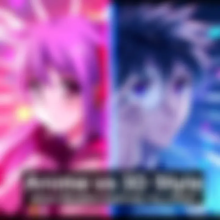 A split image showing vibrant anime characters on one side and realistic 3D rendered characters on the other side, illustrating the differences in visual style.