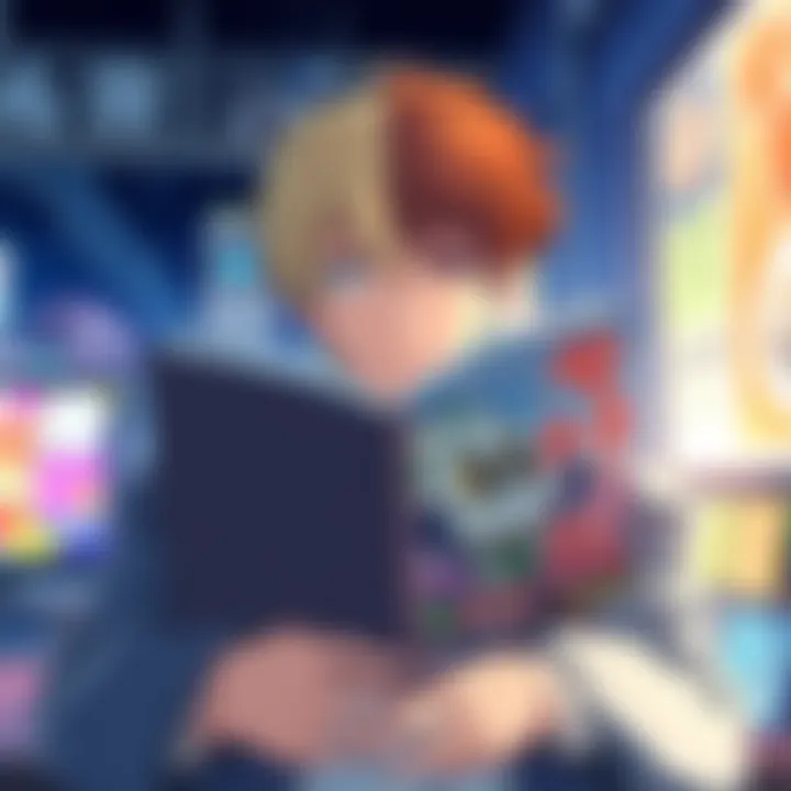 A split image showing a person watching anime on one side and reading manga on the other side, representing both mediums.