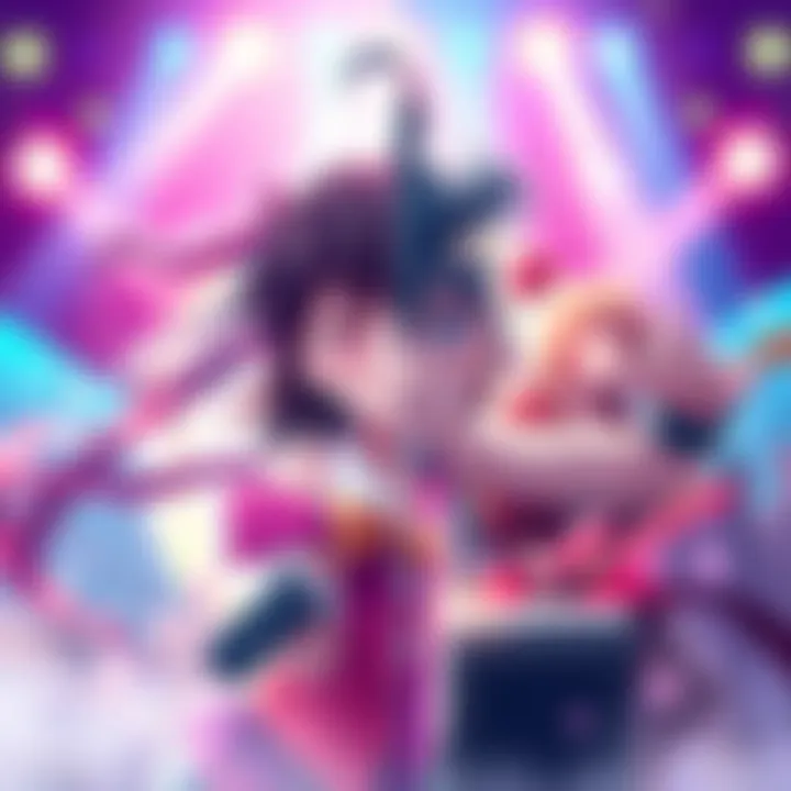 A split image showing vibrant anime characters on one side and a lively musical performance on the other, symbolizing the debate between the two art forms.