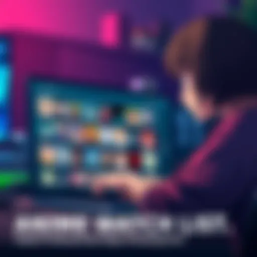 A person looking at a laptop screen with anime thumbnails, considering which shows to add to their watch list
