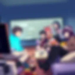 Group of anime characters sitting together, excitedly watching a series on TV, snacks around them