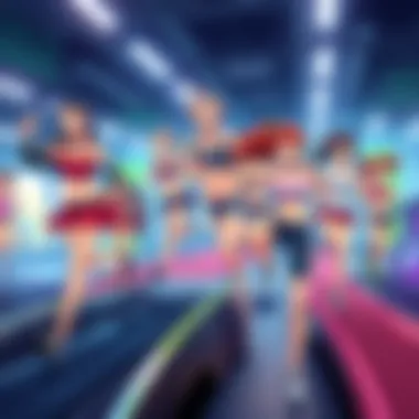 Dynamic anime characters inspiring viewers during a treadmill workout