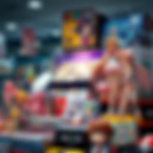 A variety of anime merchandise displayed at Animecon, showcasing colorful figures and art prints