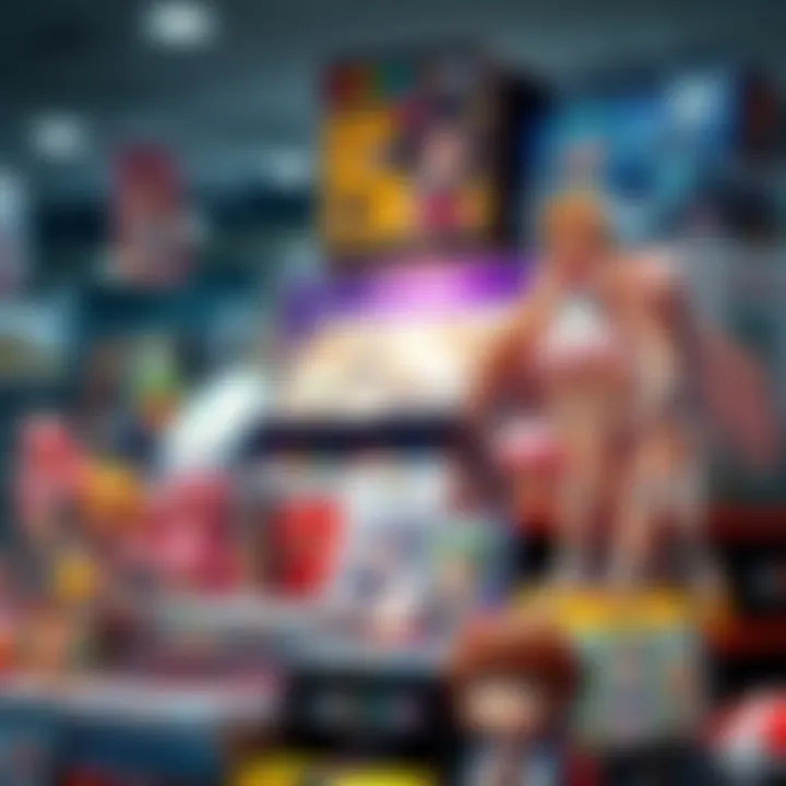 A variety of anime merchandise displayed at Animecon, showcasing colorful figures and art prints