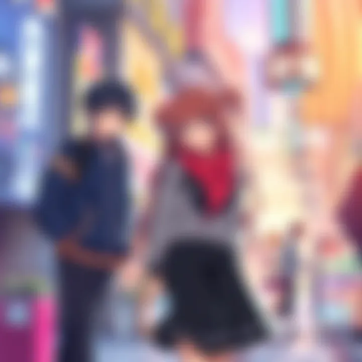 A vibrant scene depicting anime characters interacting in a real-world setting, showcasing elements of both anime and everyday life.