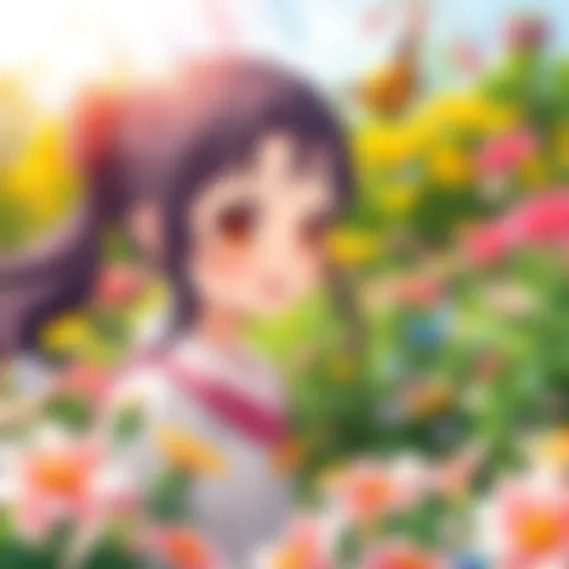 Anjou enjoying a sunny day Anjou, a cheerful girl with playful expressions, explores a vibrant garden filled with colorful flowers and butterflies on a sunny day.