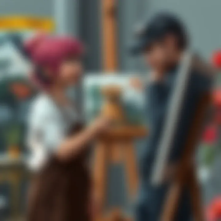 Annie unexpectedly catches Armin off guard while painting together, showcasing their lively artistic interaction.