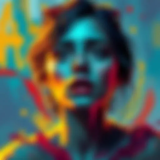 Annie's Jealousy in Art A vibrant artwork by Alina James showing a woman named Annie expressing jealousy, surrounded by abstract colors and emotional brush strokes.