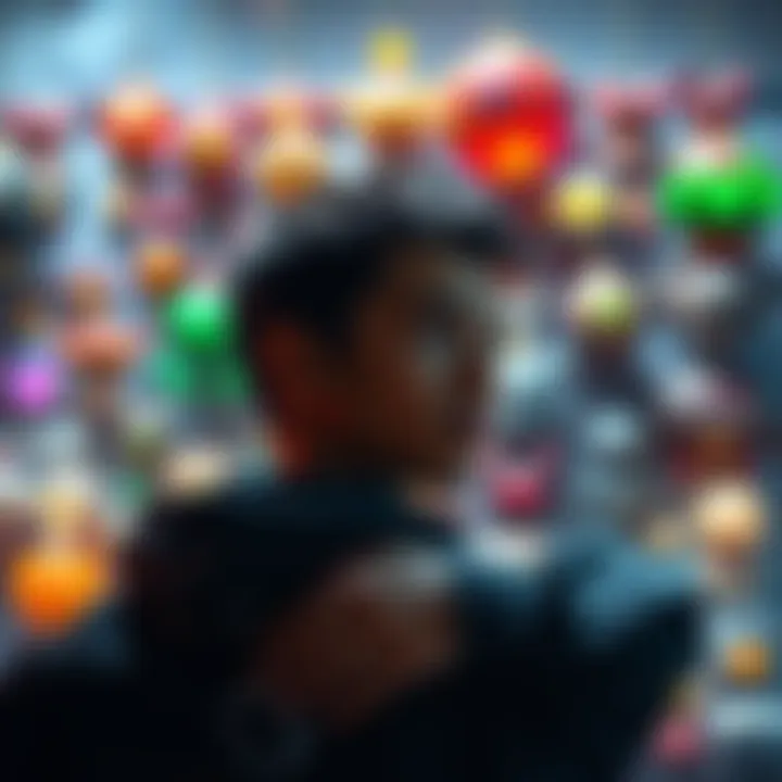 Anniversary Units and Stones A display of colorful anniversary units with a player contemplating using stones for pity in the background