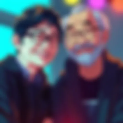 A rare moment showing anime creators Hideaki Anno and Hayao Miyazaki smiling together, with Miyazaki appearing clean-shaven, capturing their friendship.