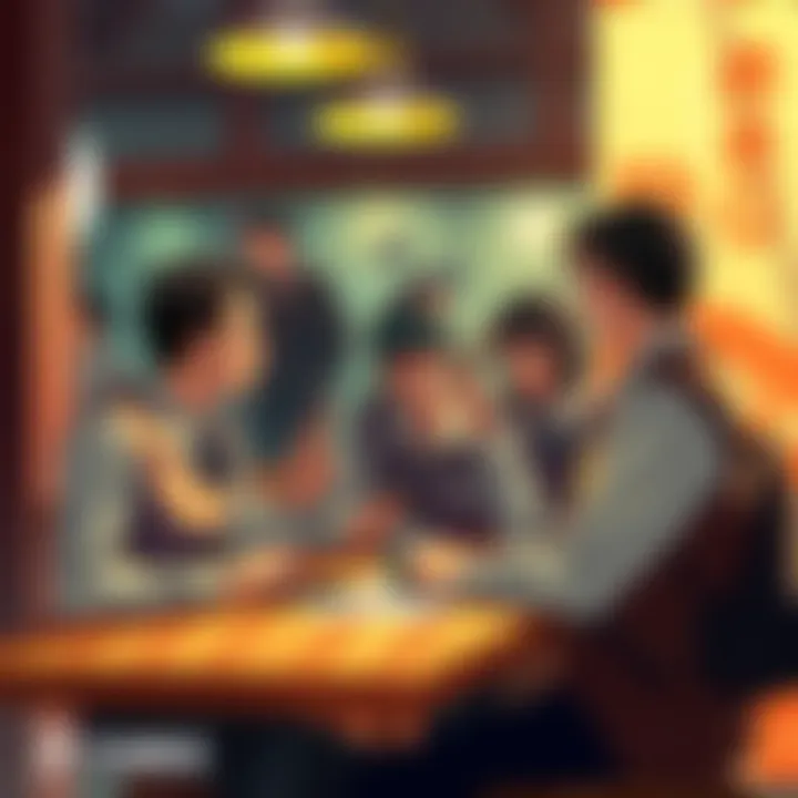 Group of Anteiku workers in a café having a serious conversation about Yoshimura's identity