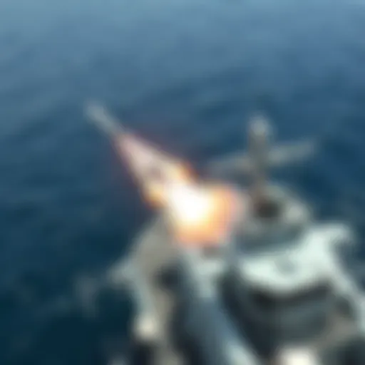 A missile being launched from a warship targeting a vessel in the ocean during a military exercise.