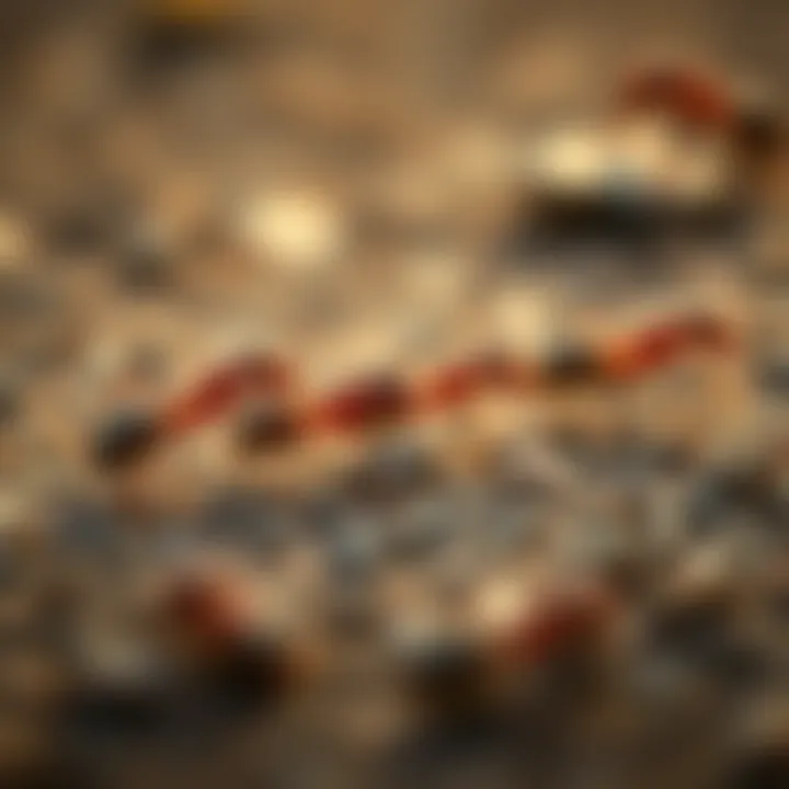 A close-up view of ants marching in a line, showcasing their teamwork and organization in nature.