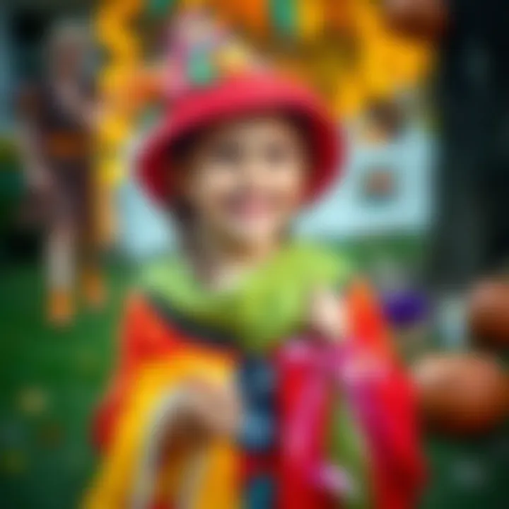 Anya in a colorful Halloween costume A young girl named Anya dressed in a fun Halloween costume with vibrant colors, smiling while holding a trick or treat bag.